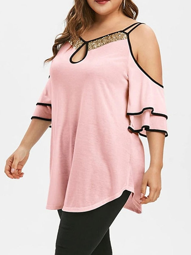 Women's Going Out Tops Blouse Concert Tops Black White Pink Plain Sequins Ruffle 3/4 Length Sleeve Work Daily Basic V Neck Regular XL - LuckyFash™