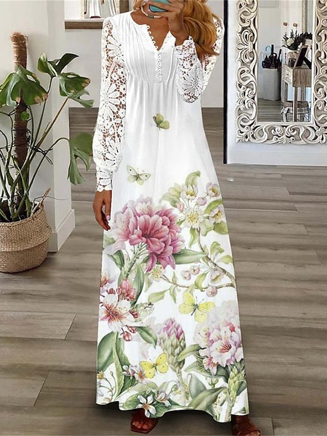 Women's Floral Butterfly Lace Dress Long Dress Maxi Dress Casual Dress A Line Dress Fashion Streetwear Outdoor Daily Going out Print Long Sleeve V Neck Dress Regular Fit Light Yellow Black White - LuckyFash™