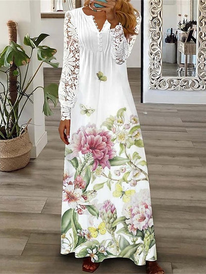 Women's Floral Butterfly Lace Dress Long Dress Maxi Dress Casual Dress A Line Dress Fashion Streetwear Outdoor Daily Going out Print Long Sleeve V Neck Dress Regular Fit Light Yellow Black White - LuckyFash™