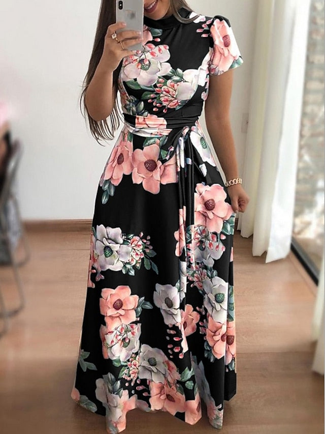 Women's Floral Casual Dress Swing Dress Floral Dress Long Dress Maxi Dress Black Navy Blue Light Blue Short Sleeve Lace up Spring Summer Turtleneck Hot Slim 2023 S M L XL XXL 3XL 4XL 5XL - LuckyFash™