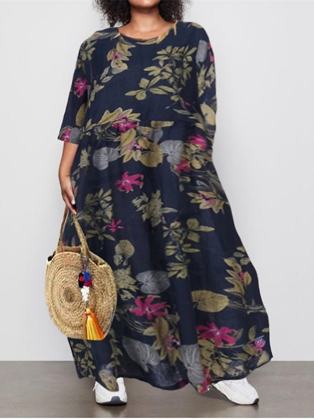 Women's Holiday Dress Floral Crew Neck Ruched Long Sleeve Fall Spring Casual Maxi long Dress Daily Dress Fall Dress Black Dress Loose Fit - LuckyFash™