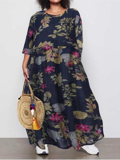 Women's Holiday Dress Floral Crew Neck Ruched Long Sleeve Fall Spring Casual Maxi long Dress Daily Dress Fall Dress Black Dress Loose Fit - LuckyFash™