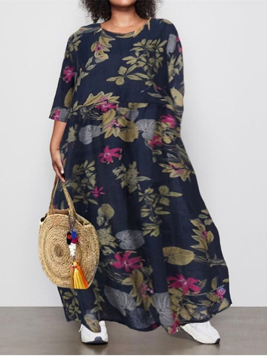 Women's Holiday Dress Floral Crew Neck Ruched Long Sleeve Fall Spring Casual Maxi long Dress Daily Dress Fall Dress Black Dress Loose Fit - LuckyFash™