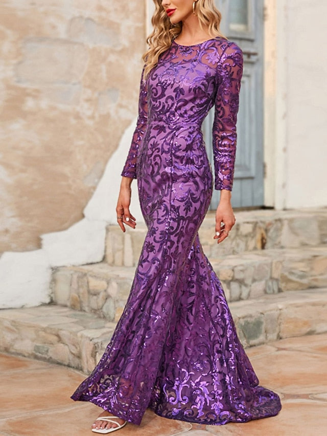 Womenâ€˜s Formal Party Dress Sequin Dress Sheath Dress Long Dress Maxi Dress Purple Gold Long Sleeve Sequins Winter Fall Autumn Crew Neck Fashion Winter Dress Weekend S M L XL XXL 3XL 4XL 5XL - LuckyFash™