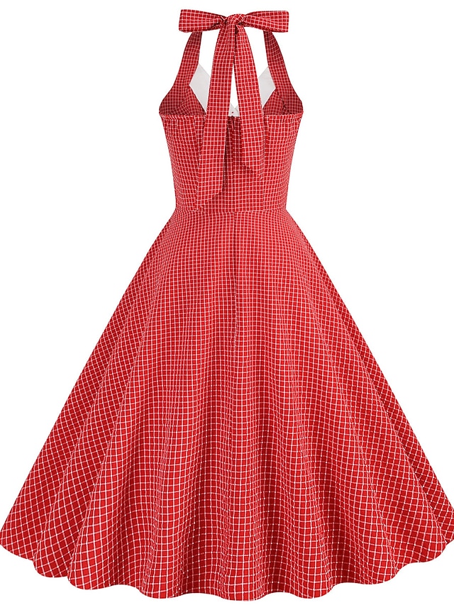 Women's Elegant Retro Vintage Dress Midi Dress Outdoor Daily Ruched Backless Plaid Halter Sleeveless Slim Summer Spring 2023 Lake blue Almond S M L XL - LuckyFash™