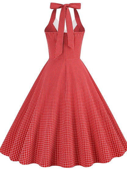 Women's Elegant Retro Vintage Dress Midi Dress Outdoor Daily Ruched Backless Plaid Halter Sleeveless Slim Summer Spring 2023 Lake blue Almond S M L XL - LuckyFash™