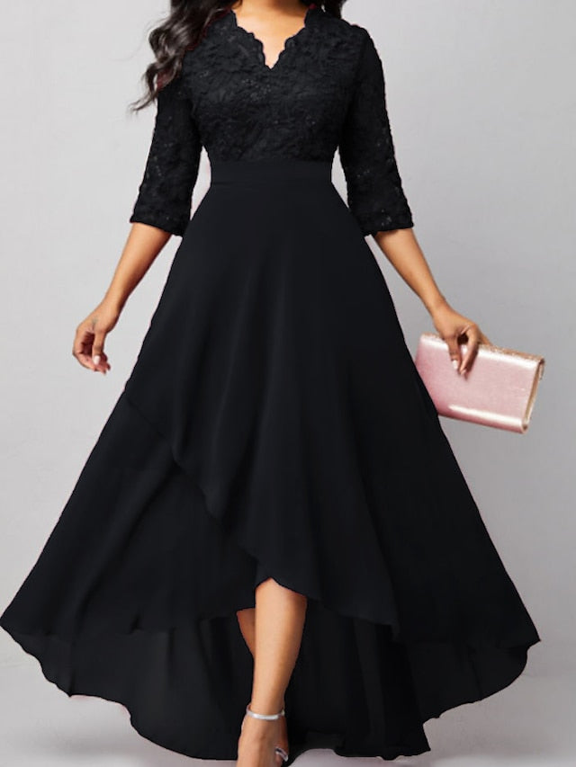 Womenâ€˜s Formal Party Dress Maxi long Dress Navy Blue 3/4 Length Sleeve Print Pure Color Ruched Lace Fall Winter V Neck Elegant Fashion Modern 2023 3XL - LuckyFash™