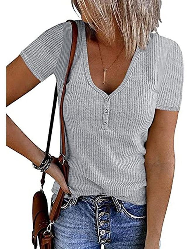 Women's Henley Shirt T shirt Tee Black White Pink Plain Button Short Sleeve Casual Daily Sexy Round Neck Regular S - LuckyFash™