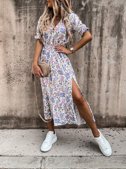 V-neck Print Split Long Dress - LuckyFash™