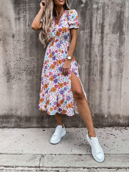 V-neck Print Split Long Dress - LuckyFash™