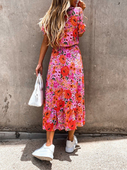 V-neck Print Split Long Dress - LuckyFash™