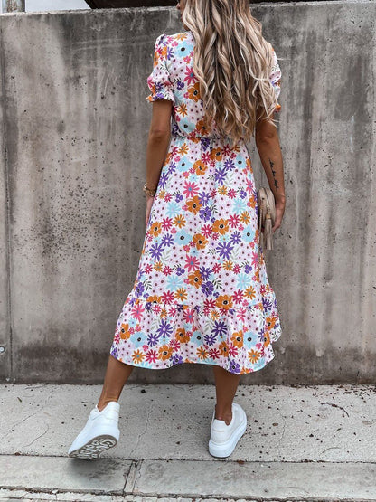 V-neck Print Split Long Dress - LuckyFash™