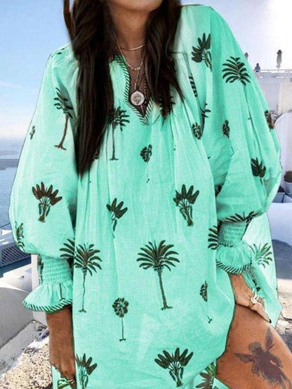 V-Neck Printed Lantern Long Sleeve Dress - LuckyFash™