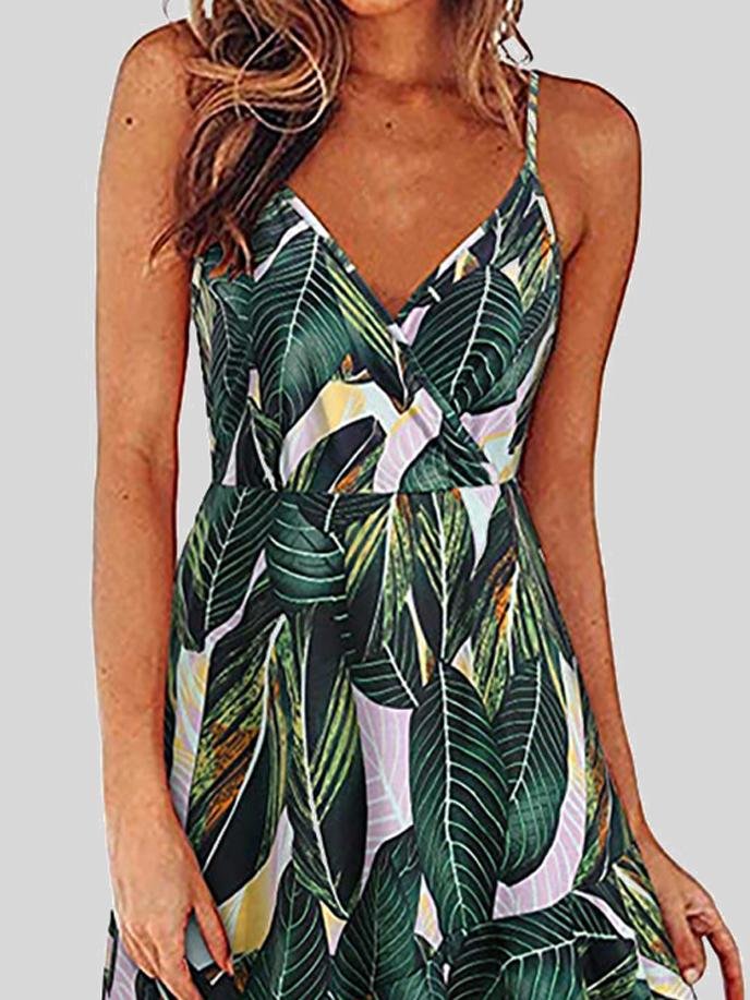 V-Neck Printed Sleeveless Suspender Dress - LuckyFash™