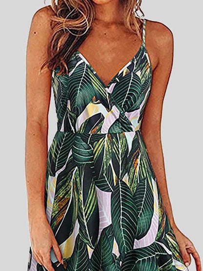 V-Neck Printed Sleeveless Suspender Dress - LuckyFash™