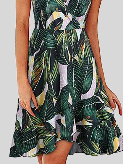 V-Neck Printed Sleeveless Suspender Dress - LuckyFash™