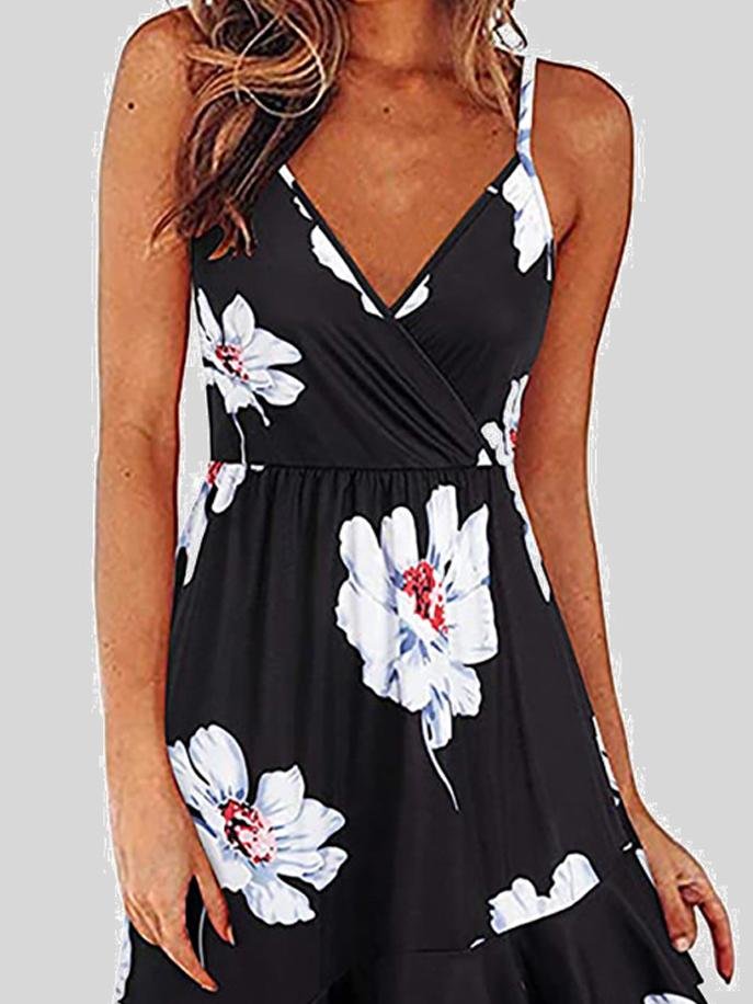V-Neck Printed Sleeveless Suspender Dress - LuckyFash™