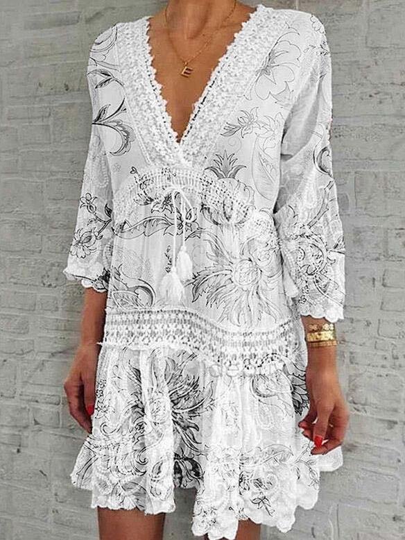 V-Neck Printed Three-Quarter Sleeve Casual Dress - LuckyFash™