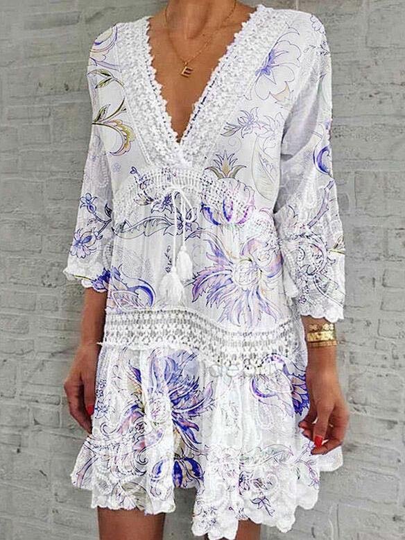 V-Neck Printed Three-Quarter Sleeve Casual Dress - LuckyFash™