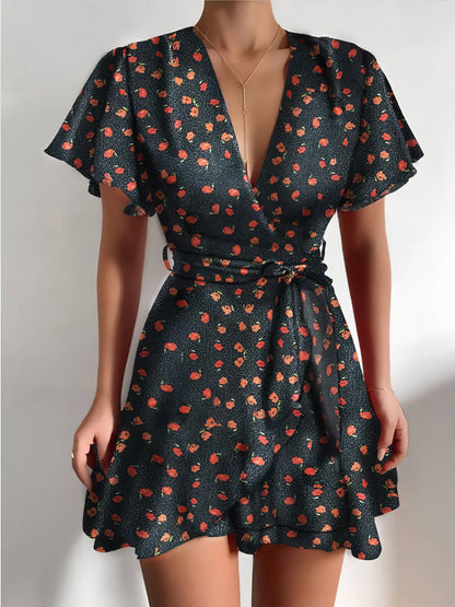 V-neck Ruffled Belt Wrap Mini Dress - LuckyFash™