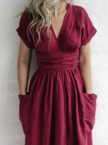 V-neck Short Sleeve Pocket Solid Color Dress - LuckyFash™