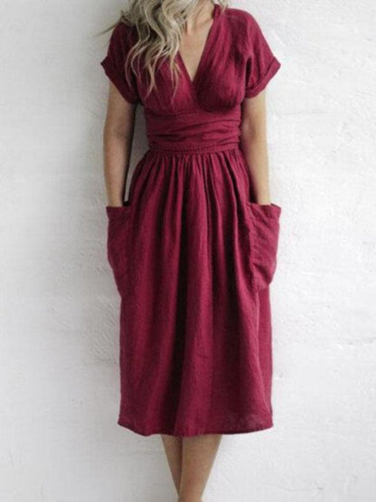 V-neck Short Sleeve Pocket Solid Color Dress - LuckyFash™