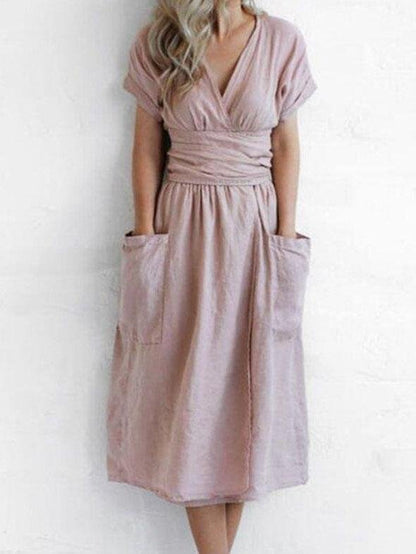 V-neck Short Sleeve Pocket Solid Color Dress - LuckyFash™