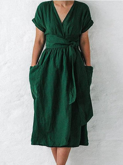 V-neck Short Sleeve Pocket Solid Color Dress - LuckyFash™
