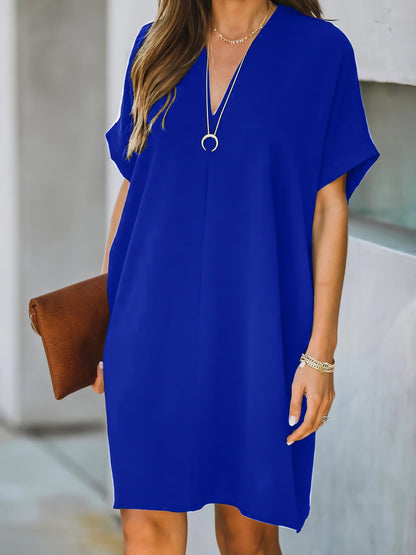 V-neck Short Sleeve Solid Color Loose Dress - LuckyFash™