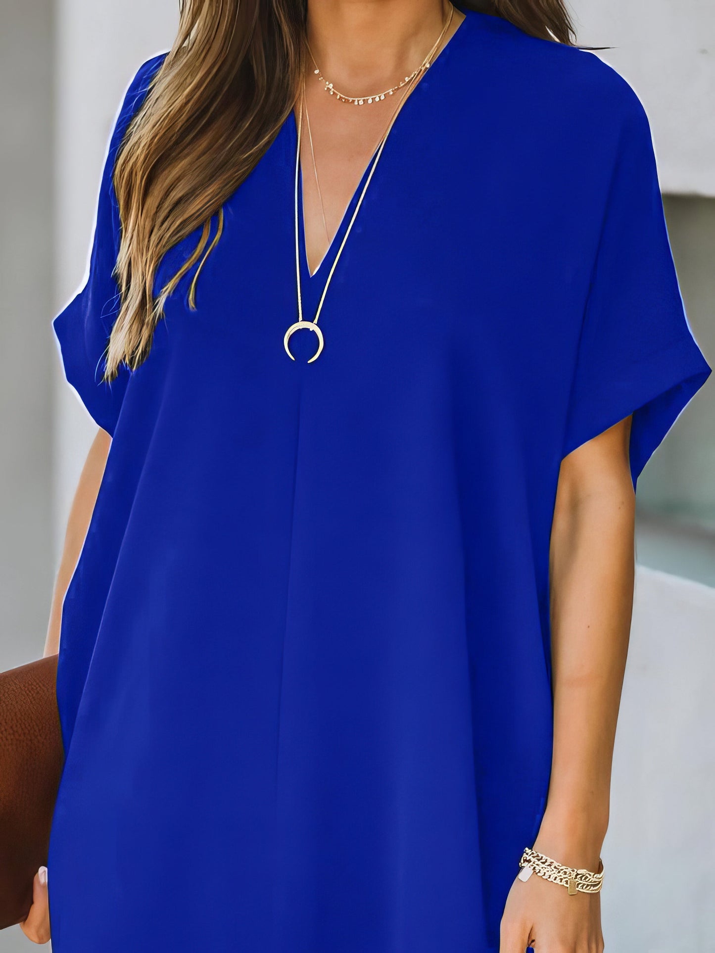 V-neck Short Sleeve Solid Color Loose Dress - LuckyFash™