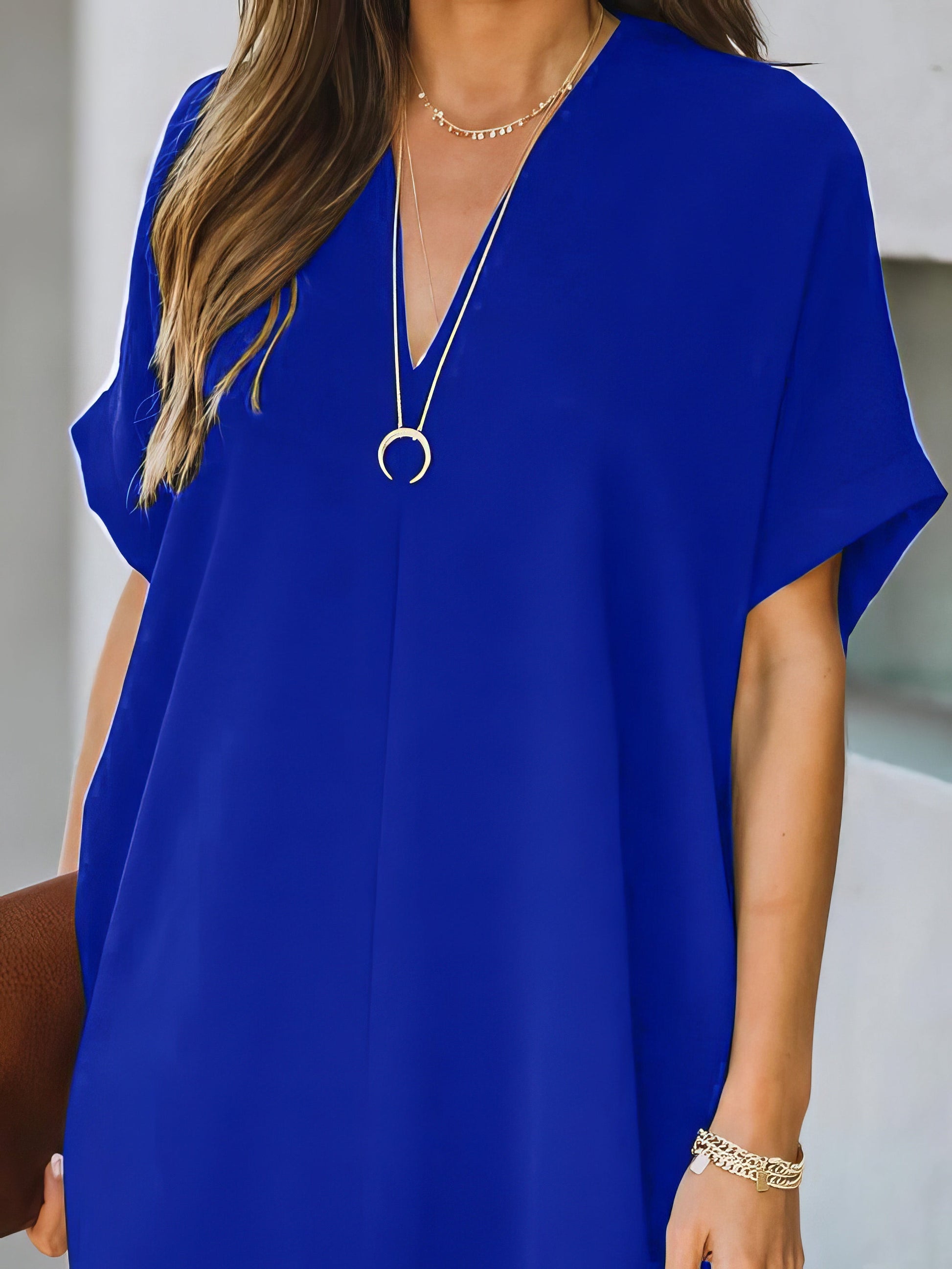 V-neck Short Sleeve Solid Color Loose Dress - LuckyFash™