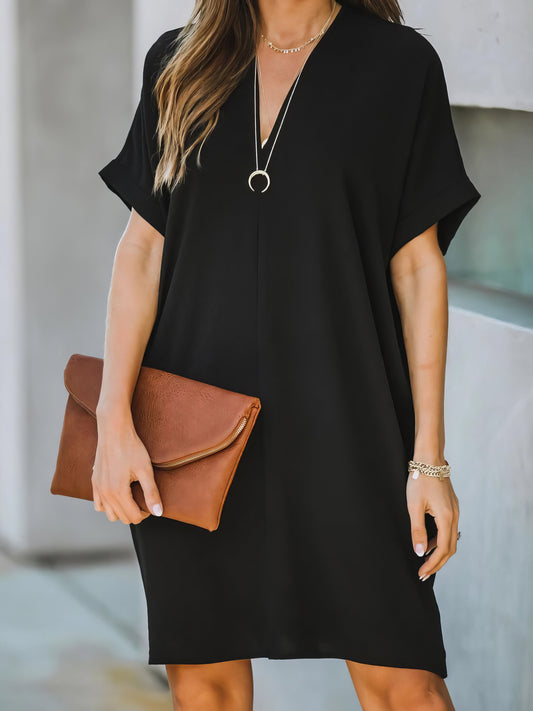 V-neck Short Sleeve Solid Color Loose Dress - LuckyFash™