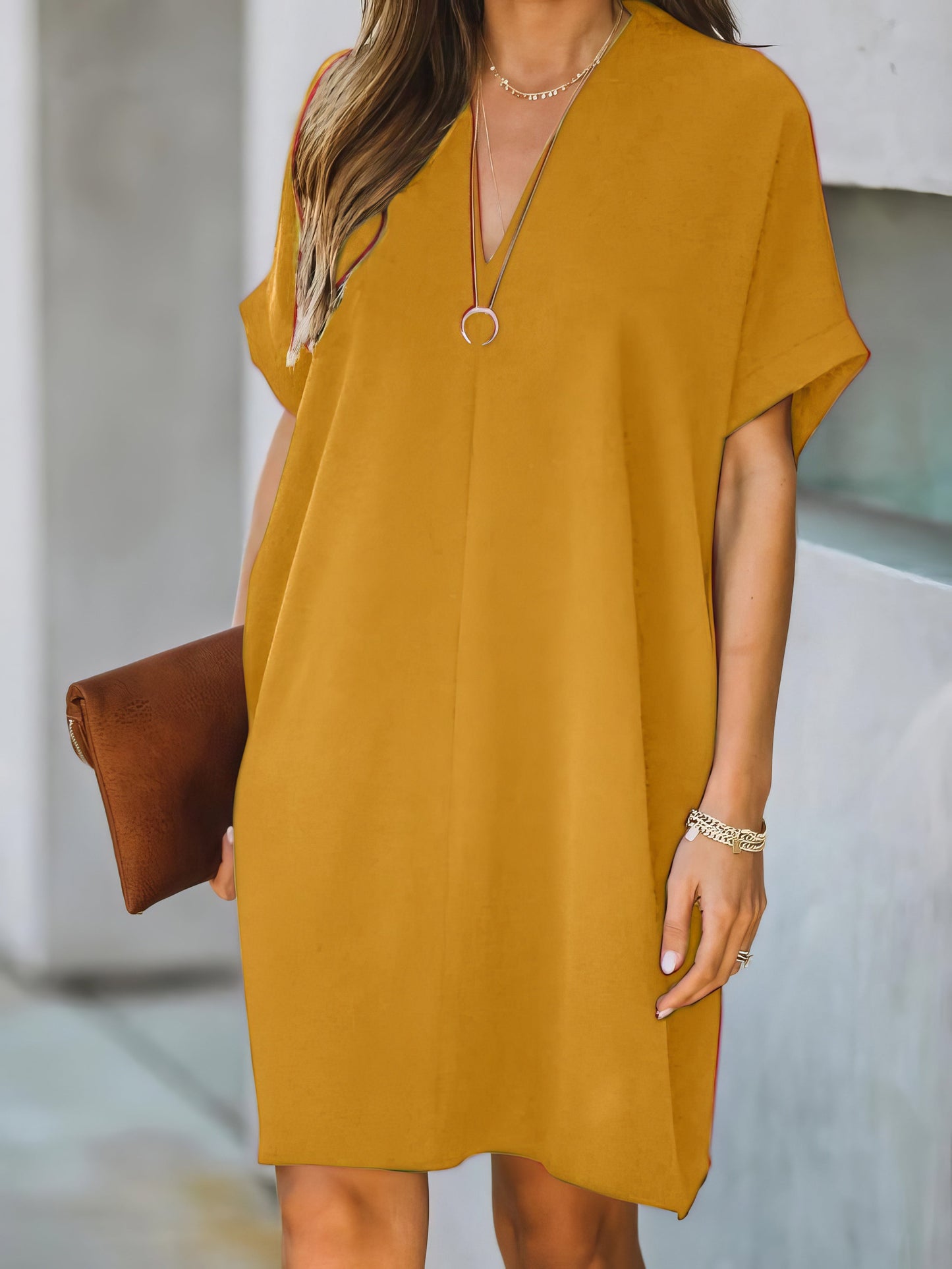V-neck Short Sleeve Solid Color Loose Dress - LuckyFash™