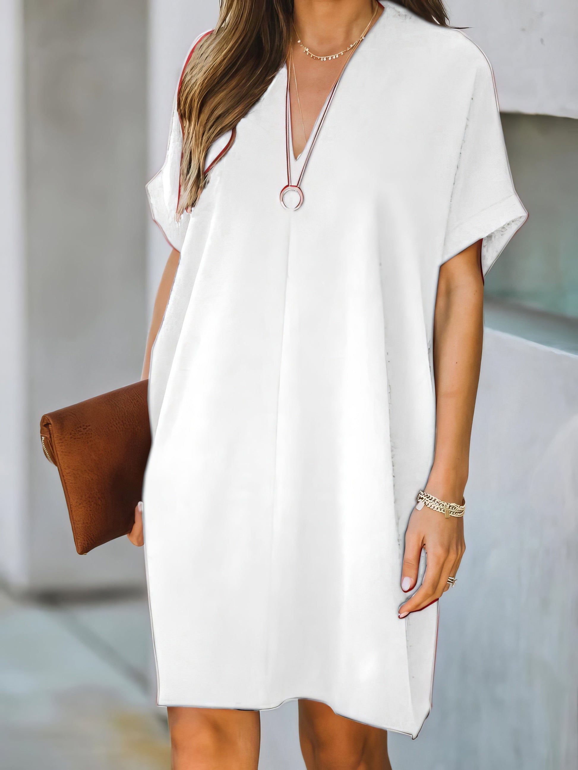 V-neck Short Sleeve Solid Color Loose Dress - LuckyFash™