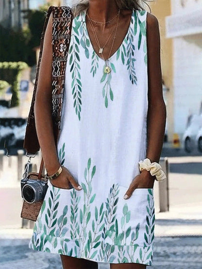 V-Neck Sleeveless Leaf Print Pocket Loose Dress - LuckyFash™