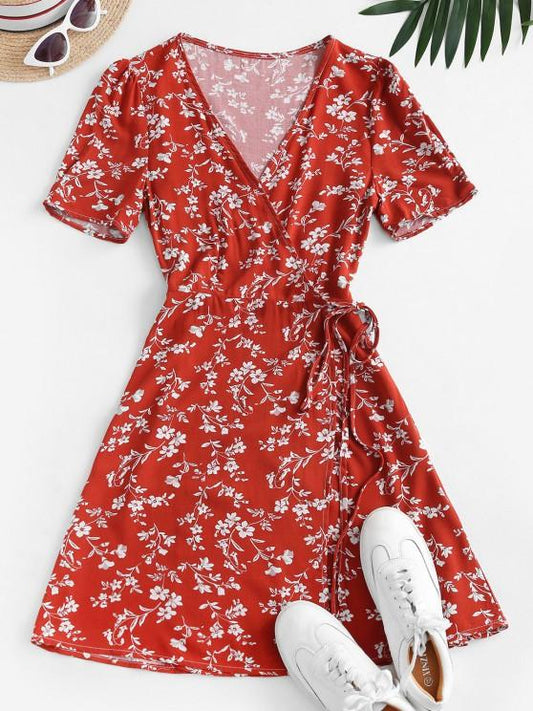 V Neck Tiny Floral Wrap Dress - LuckyFash™