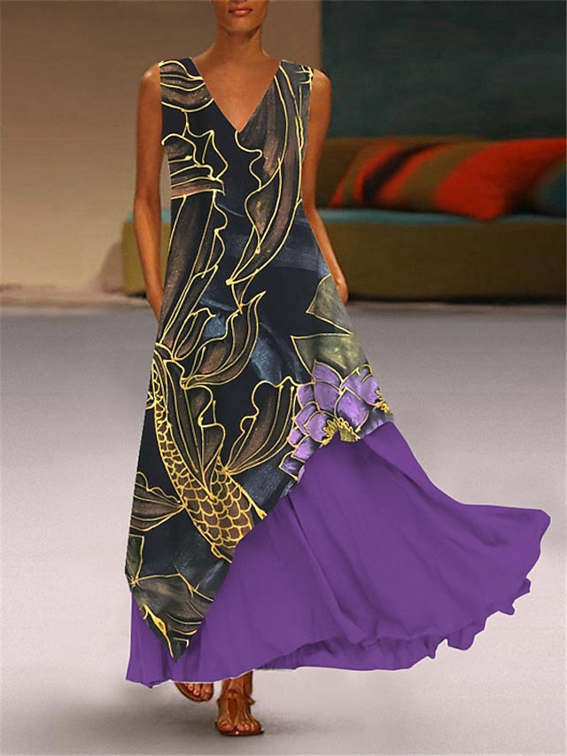 Women's Floral Shift Dress Blue Purple Pink Sleeveless Spring Summer V Neck Modern M L XL XXL XXXL 4XL 5XL - LuckyFash™