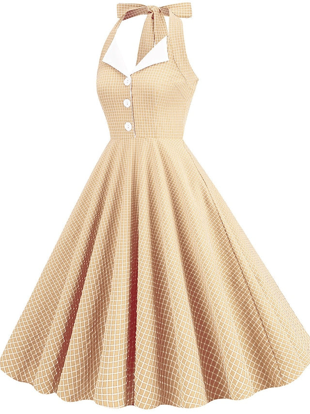 Women's Elegant Retro Vintage Dress Midi Dress Outdoor Daily Ruched Backless Plaid Halter Sleeveless Slim Summer Spring 2023 Lake blue Almond S M L XL - LuckyFash™