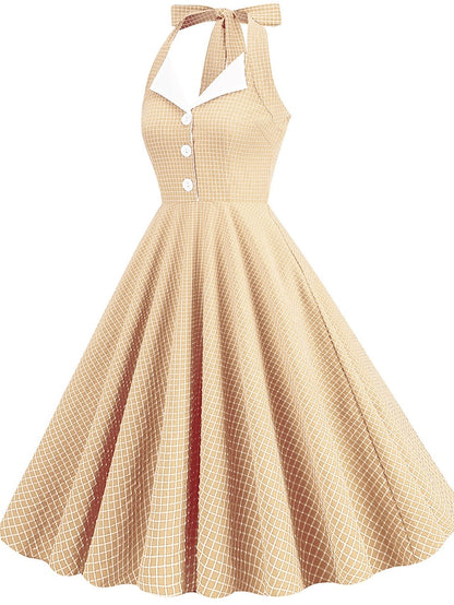 Women's Elegant Retro Vintage Dress Midi Dress Outdoor Daily Ruched Backless Plaid Halter Sleeveless Slim Summer Spring 2023 Lake blue Almond S M L XL - LuckyFash™