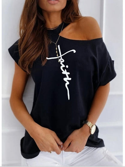 fronage womens short sleeve faith shirts cold shoulder tops casual summer graphic t-shirt (medium, beige) - LuckyFash™