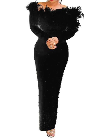 Womenâ€˜s Formal Party Dress Feather Dress Long Dress Maxi Dress White Black Long Sleeve Pure Color pearl Winter Fall Off Shoulder Elegant Modern Fall Dress Slim 2023 S M L XL XXL / Winter Dress - LuckyFash™