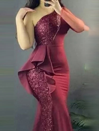 Womenâ€˜s Formal Party Dress Sequin Dress Sheath Dress Long Dress Maxi Dress Green Wine Sleeveless Pure Color Sequins Winter Fall Autumn One Shoulder Fashion Weekend Slim 2023 S M L XL - LuckyFash™