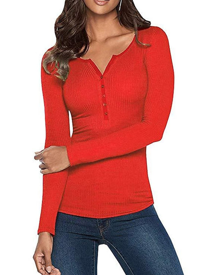 Women's Henley Shirt T shirt Tee Black White Yellow Plain Button Long Sleeve Casual Daily Basic Crew Neck Regular S - LuckyFash™