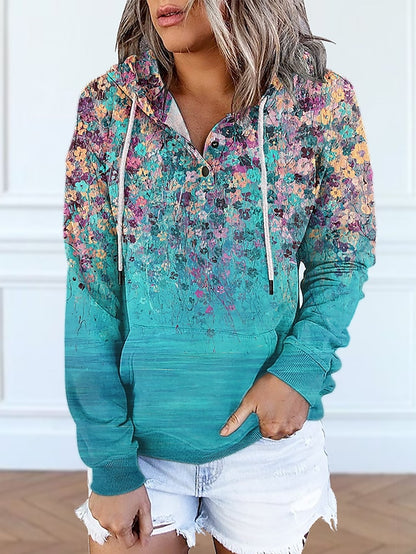 Women's Hoodie Pullover Button Up Hoodie Active Streetwear Front Pocket Print Green Blue Pink Floral Casual Hooded Long Sleeve S M L XL XXL / 3D Print - LuckyFash™