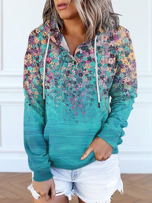 Women's Hoodie Pullover Button Up Hoodie Active Streetwear Front Pocket Print Green Blue Pink Floral Casual Hooded Long Sleeve S M L XL XXL / 3D Print - LuckyFash™