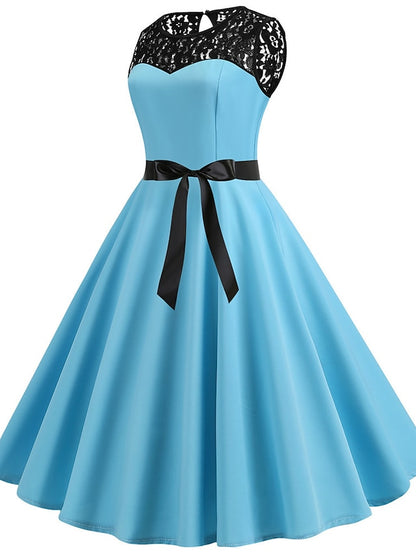 Women's Lace Dress Vintage Dress Swing Dress Midi Dress Light Blue Wine Red Black Sleeveless Print Lace up Summer Spring Fall Crew Neck 1950s Party Spring Dress 2023 S M L XL XXL - LuckyFash™