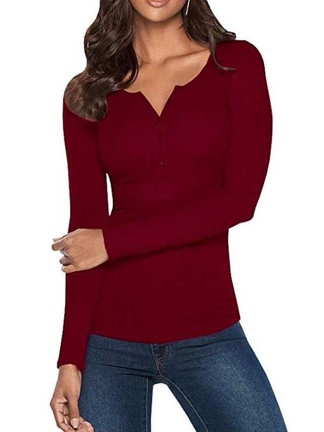 Women's Henley Shirt T shirt Tee Black White Yellow Plain Button Long Sleeve Casual Daily Basic Crew Neck Regular S - LuckyFash™