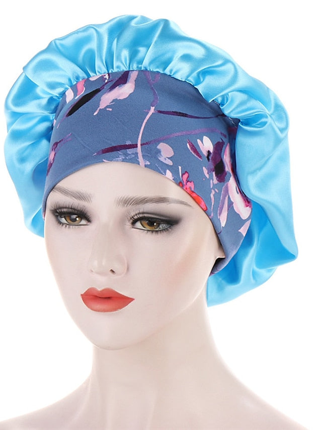 Women Satin Night Beauty Salon Sleep Cap Bonnet Hat Silk Headwrap Floral Print Wide Elastic Band Curly Springy Hair Chemo Cap Sleep Cap - LuckyFash™