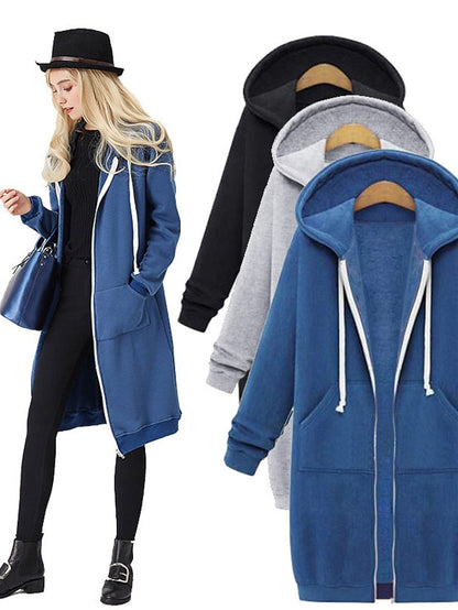 Fleece Jacket Streetwear Zip Up Front Pocket Black Blue Light Grey Solid Color Street Hoodie Long Sleeve for Women - LuckyFash™