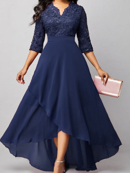 Womenâ€˜s Formal Party Dress Maxi long Dress Navy Blue 3/4 Length Sleeve Print Pure Color Ruched Lace Fall Winter V Neck Elegant Fashion Modern 2023 3XL - LuckyFash™